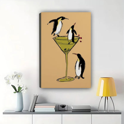 Penguins in Martini Glass Wall Art – Funny Cocktail Party Penguin Canvas Print on Natural Wood Frame