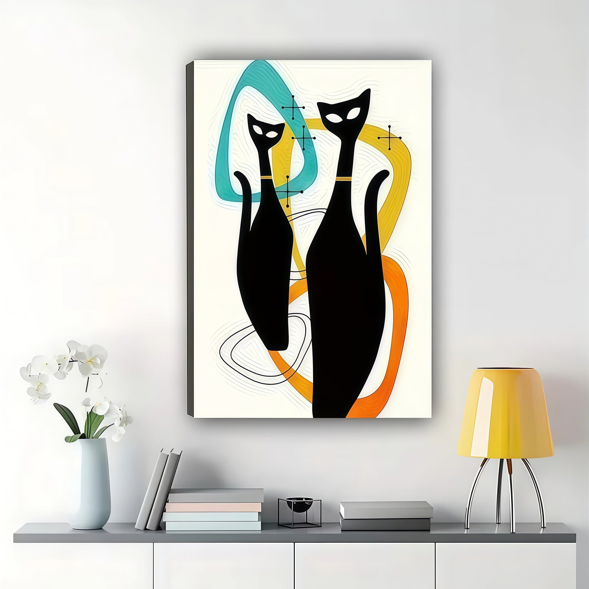 Mid-Century Double Cat – Abstract Geometric Cat Wall Art on Natural Wood Canvas