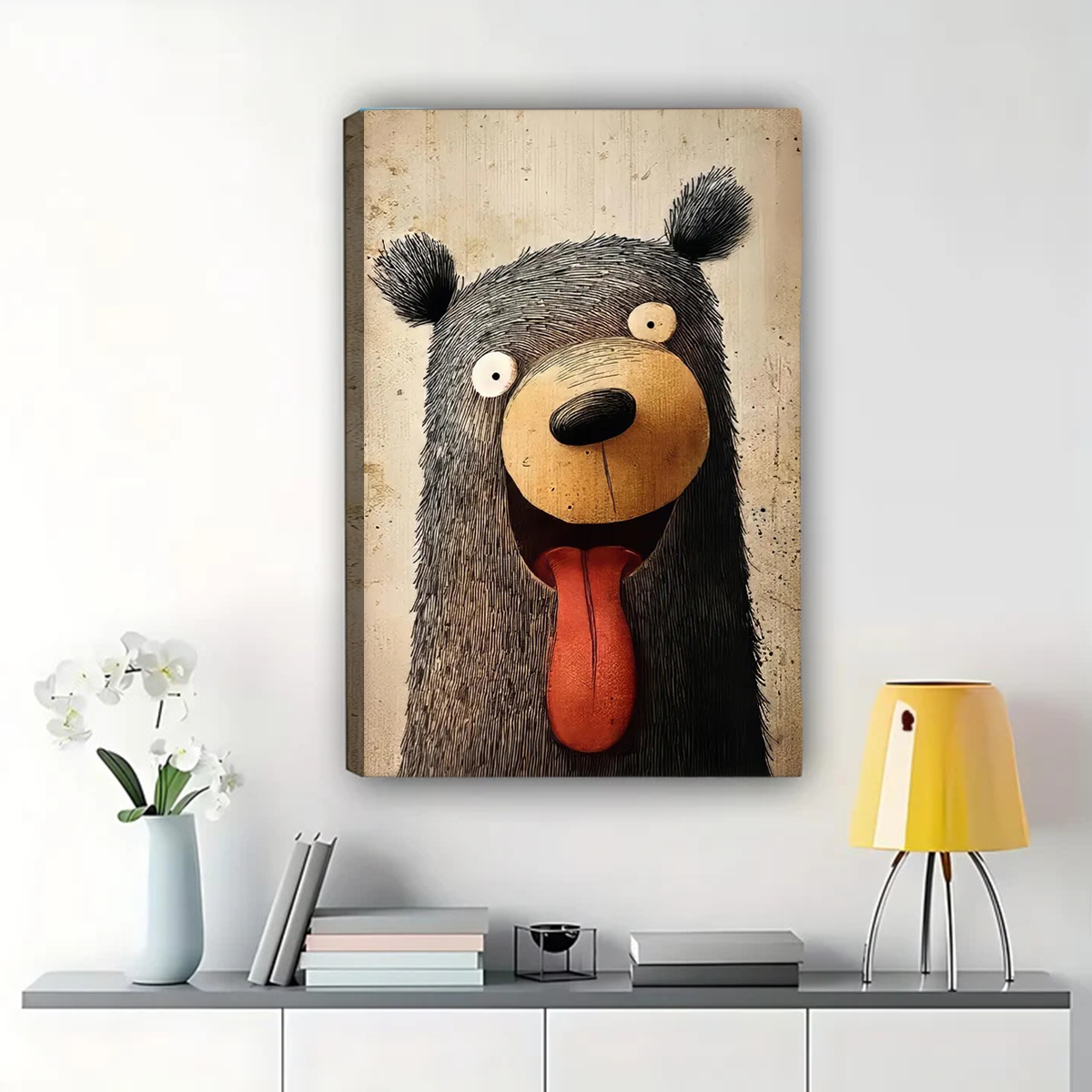 Happy Bear with Tongue Out - Whimsical Canvas Wall Art