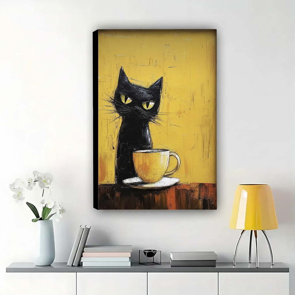 Black Cat Guarding a Coffee Cup Wall Art – Bold Impasto Oil Painting Canvas Print on Natural Wood Frame