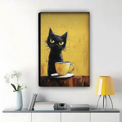 Black Cat Guarding a Coffee Cup Wall Art – Bold Impasto Oil Painting Canvas Print on Natural Wood Frame