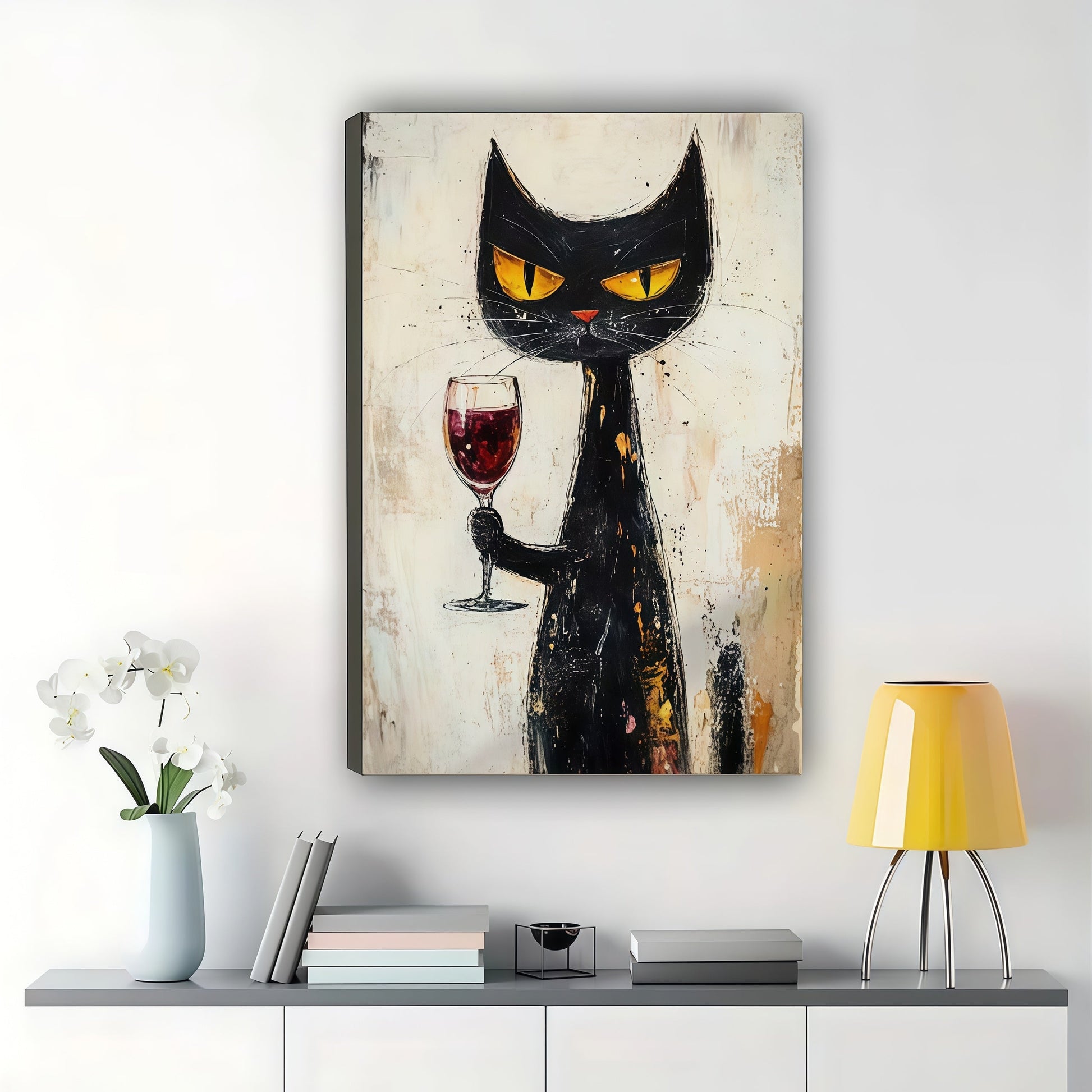 The Wine-Glass-Holding Sophisticated Black Cat – Retro Edgy Wall Art on Natural Wood Canvas