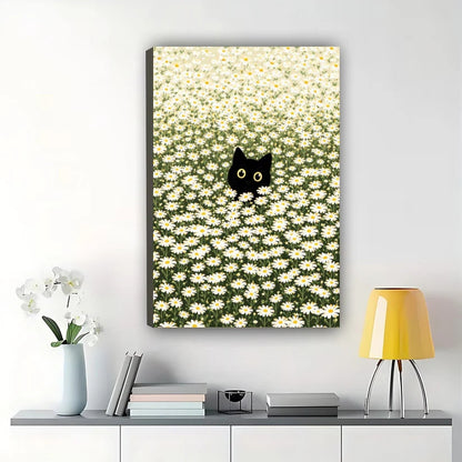 Black Cat in Daisy Field – Whimsical Minimalist Wall Art on Natural Wood Canvas