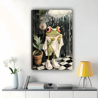 The Rainy-Day Cozy Frog – Retro Playful Wall Art on Natural Wood Canvas