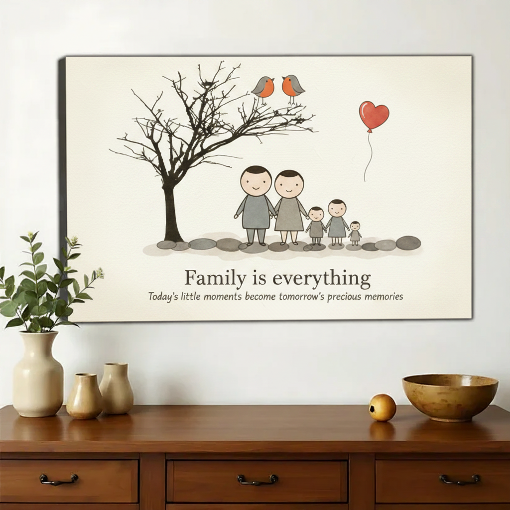 Family is Everything Wall Art – Heartwarming Minimalist Canvas Print on Natural Wood Frame