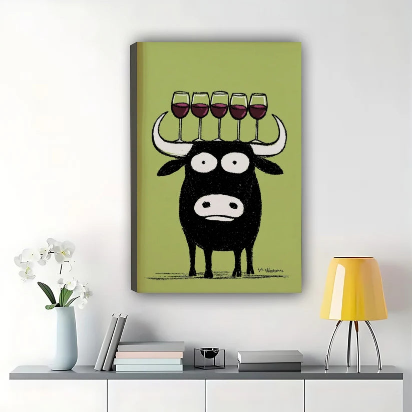 Bull with Wine Glasses Wall Art – Funny Black Bull Canvas Print on Natural Wood Frame