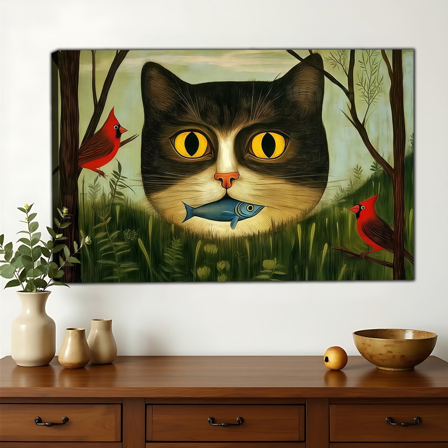 The Jungle Cat Fish – Surreal Nature Wall Art on Natural Wood Canvas