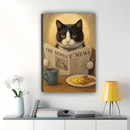 The Sunday Mews Cat – Cozy Retro Cat Wall Art on Natural Wood Canvas
