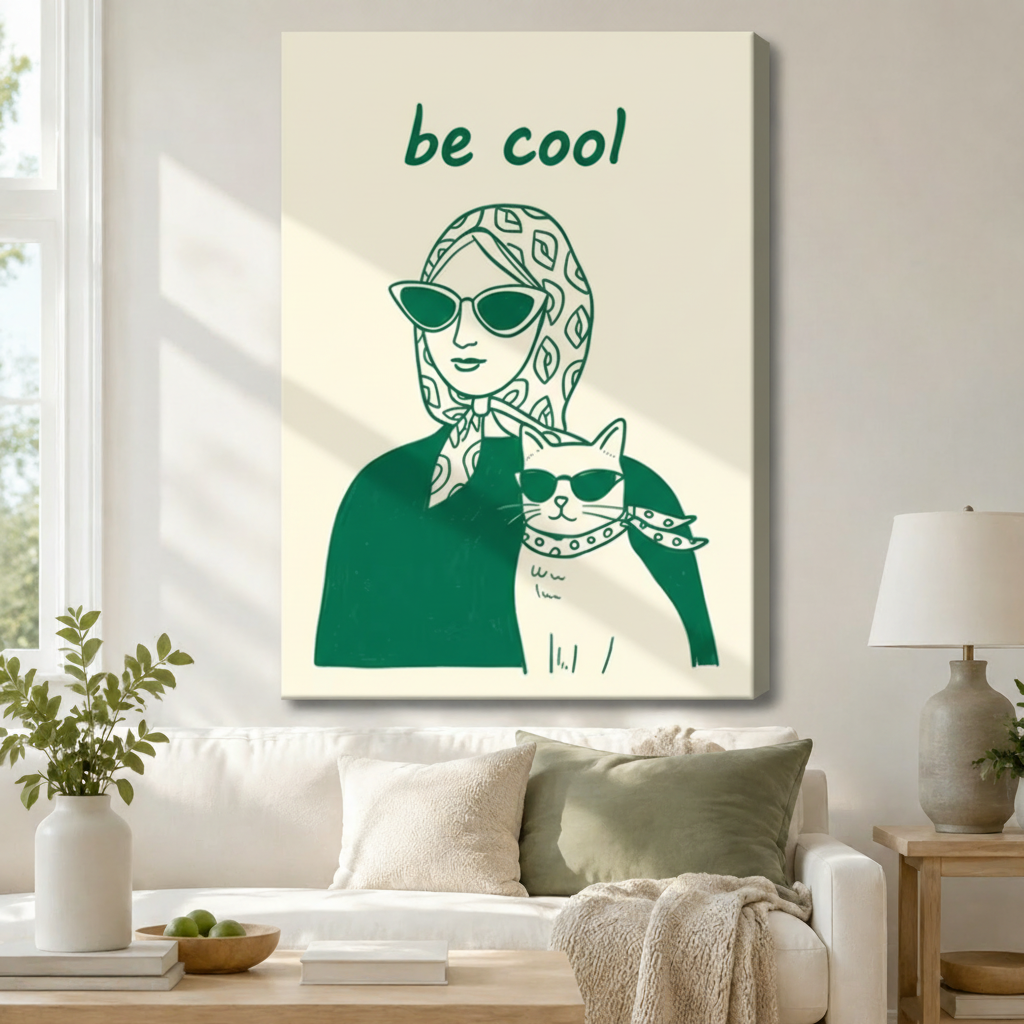 Be Cool Woman Cat Retro Pop Canvas Wall Art