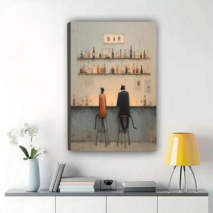 Two Cats at Bar Wall Art – Moody Retro Cat Bar Scene Canvas Print