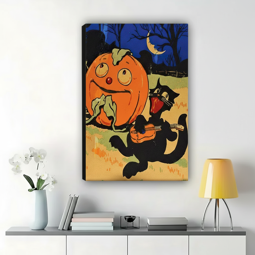 Halloween Pumpkin & Black Cat Wall Art – Vintage Whimsical Canvas Print on Natural Wood Frame