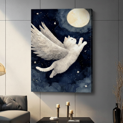 Flying Angel Cat Canvas Wall Art – Dreamy Night Sky