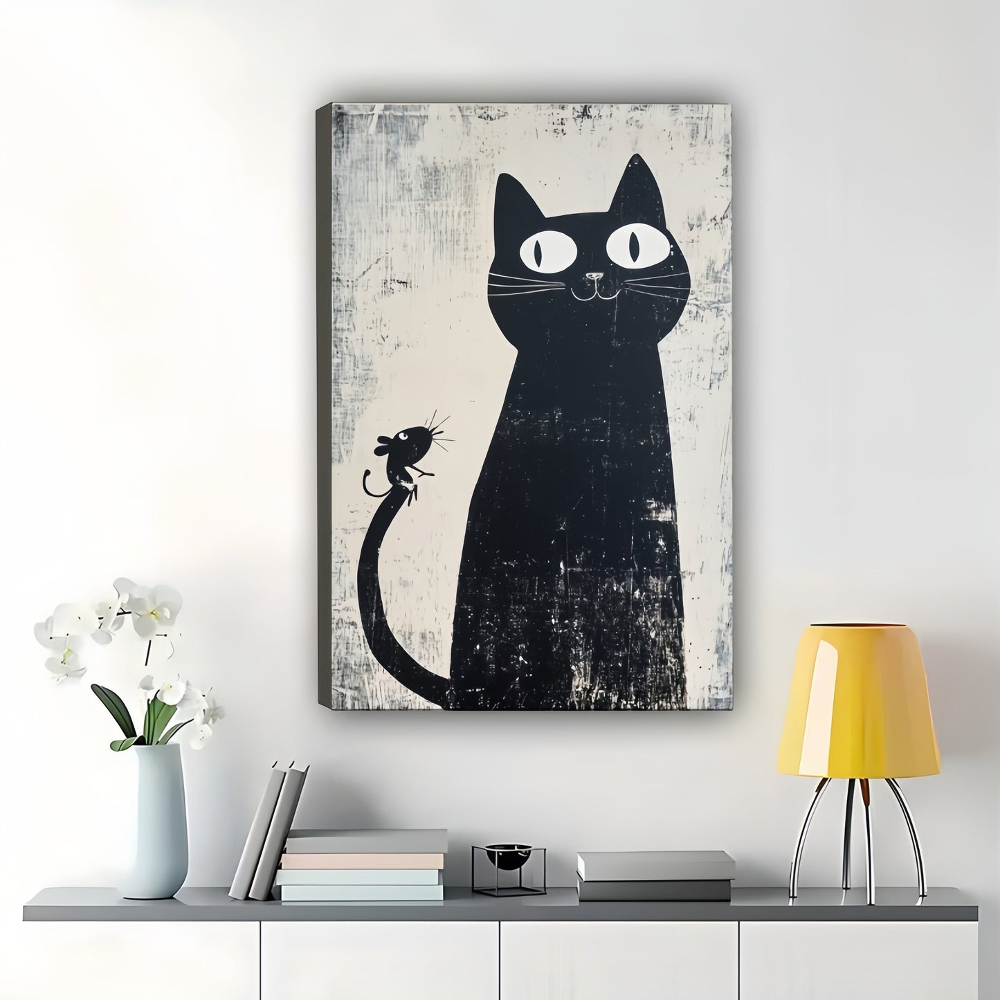Black Cat with Mouse Tail – Whimsical Vintage Wall Art on Natural Wood Canvas