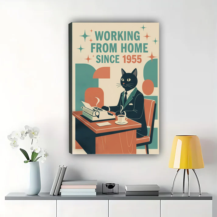 Working from Home Since 1955 Cat Poster - Funny Retro Office Wall Art