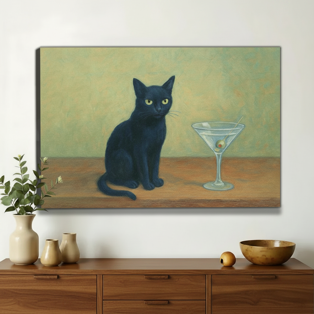 Black Cat with Martini Glass Wall Art – Moody Whimsical Cat Canvas Print on Natural Wood Frame