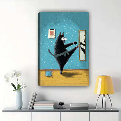 Karate Cat with Googly Eyes - Funny Black Cat Canvas Wall Art