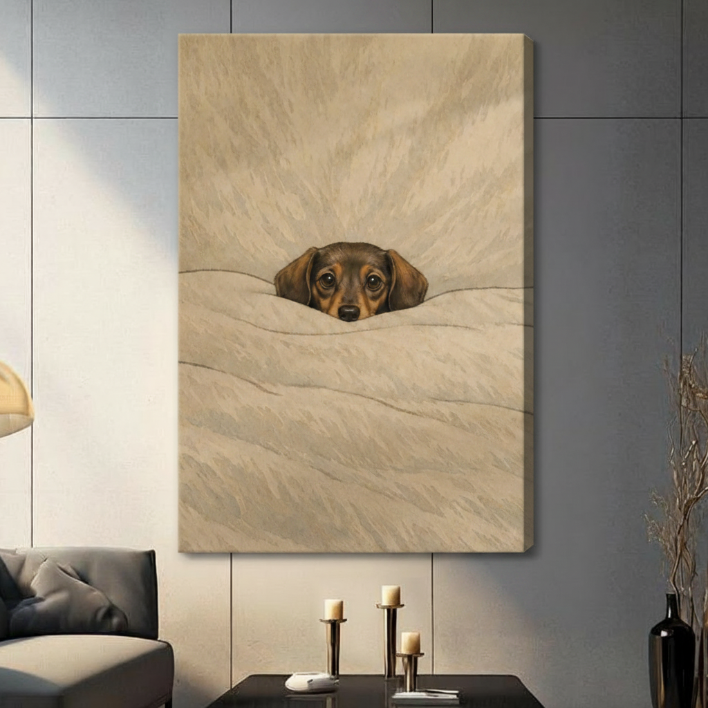 Cozy Dachshund Under Blanket Oil Painting Canvas