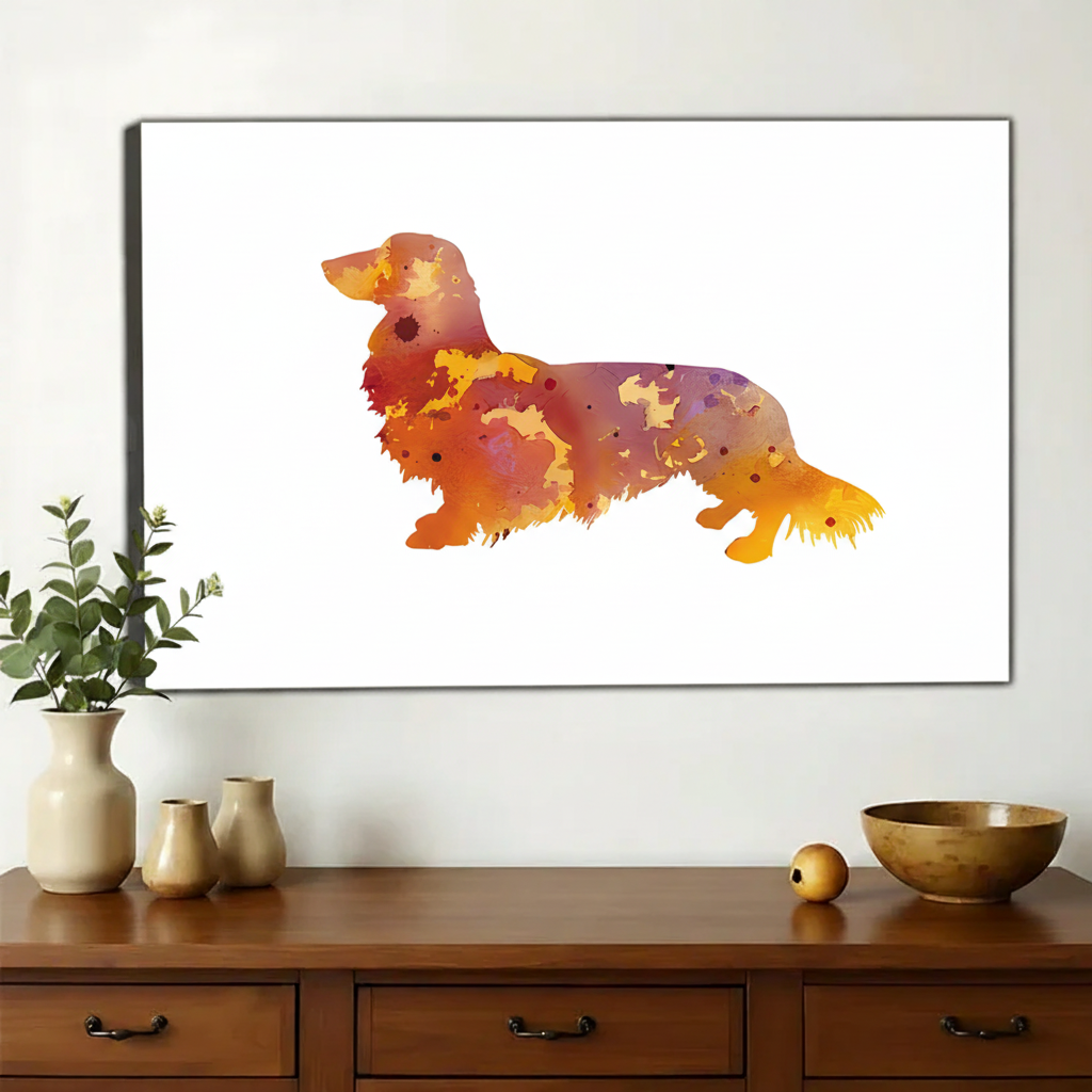 Watercolor Dachshund Wall Art – Colorful Long-Haired Wiener Dog Canvas Print