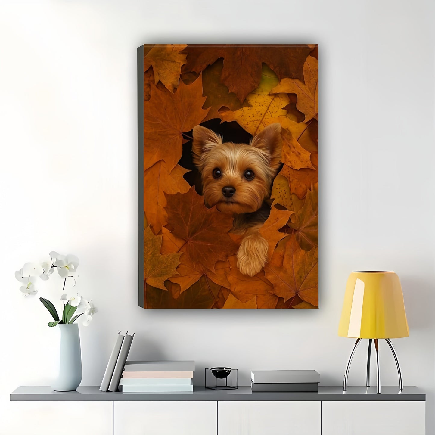 Yorkie in Autumn Leaves – Whimsical Pet Wall Art on Natural Wood Canvas