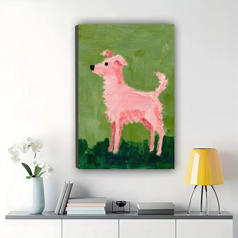 Abstract Pink Dog Folk Painting Wall Art – Whimsical Puppy Framed Canvas Art