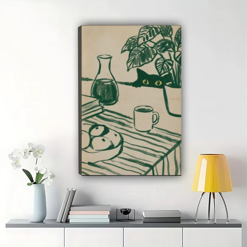 Peeking Black Cat in Potted Plant – Vintage Sketch Wall Art on Natural Wood Canvas