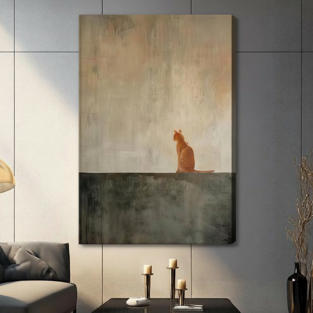 Solitary Orange Cat Minimalist Oil Painting Canvas Print