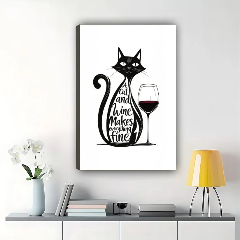 A Cat and Wine Makes Everything Fine – Retro Cat Wall Art on Natural Wood Canvas