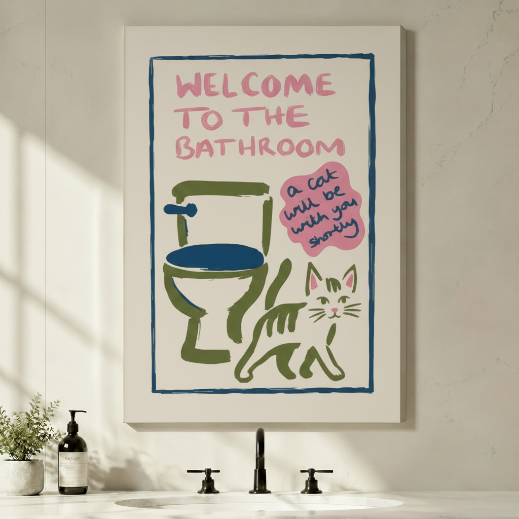 Welcome to the Bathroom Funny Cat Canvas Art Wall Art