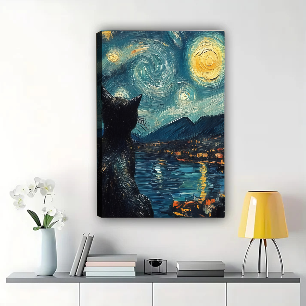 Starry Night Cat Canvas Wall Art - Van Gogh Inspired Black Cat Silhouette Print