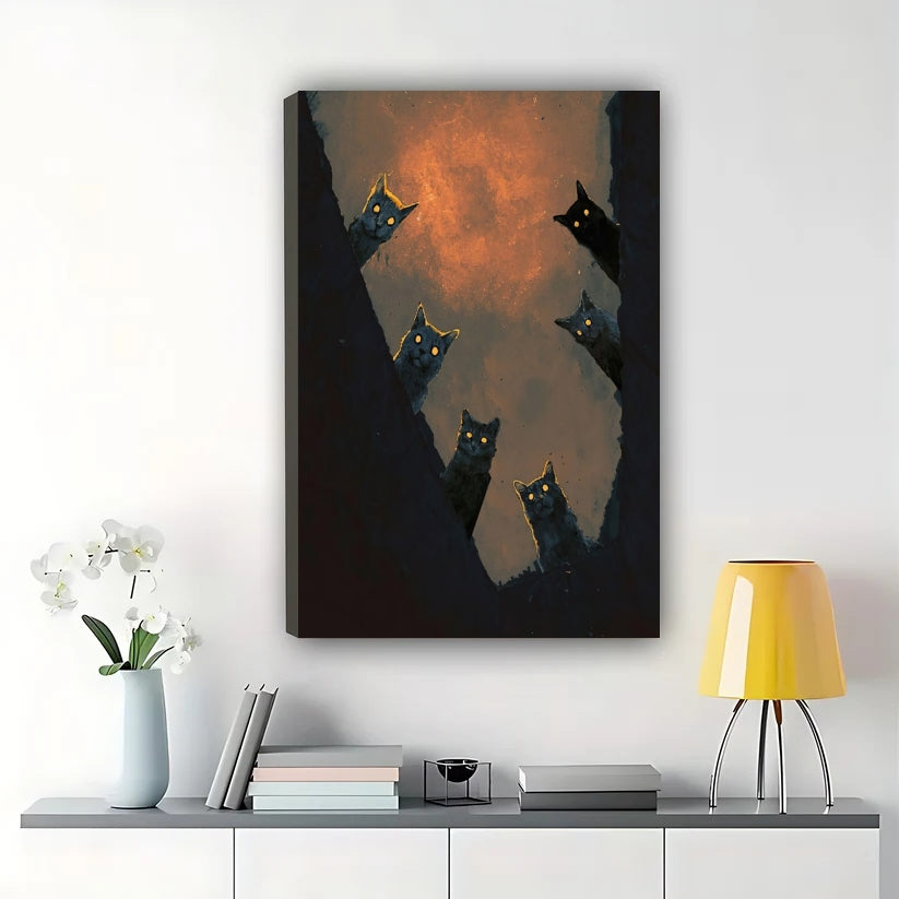 Mysterious Peeking Black Cats Wall Art – Dark Moody Cat Oil Painting Canvas Art