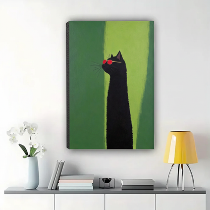 Cool Black Cat with Red Sunglasses Wall Art – Minimalist Pop Art Canvas Print on Natural Wood Frame