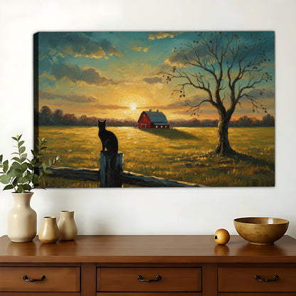Autumn Farm Field Black Cat – Rustic Landscape Wall Art on Natural Wood Canvas