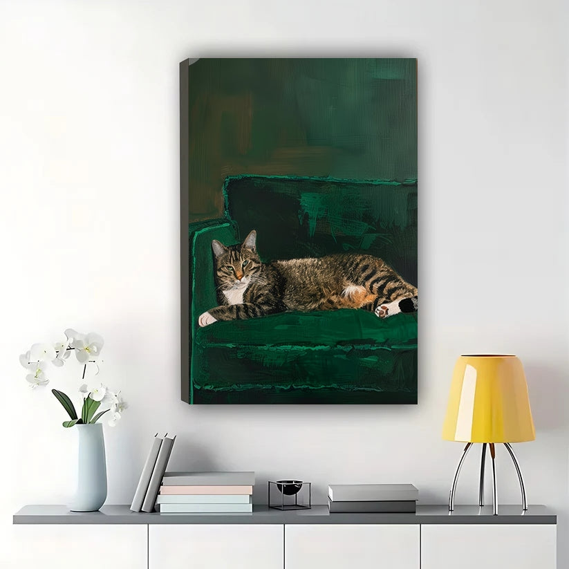 Tabby Cat Napping on Couch – Cozy Cat Portrait Wall Art on Natural Wood Canvas