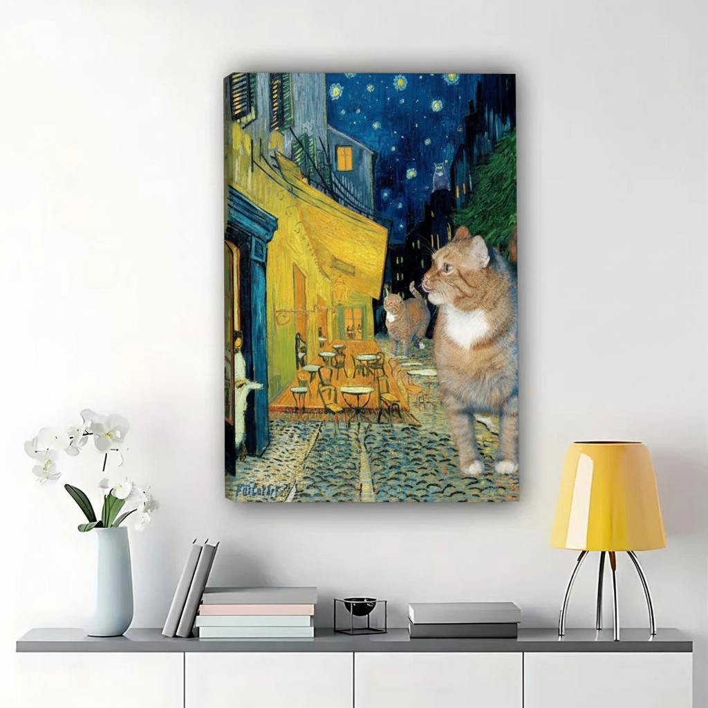 The Starry Night Cat – Van Gogh-Inspired Artistic Wall Art on Natural Wood Canvas