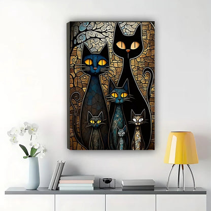 Abstract Black Cat Family – Mosaic Style Modern Cat Wall Art on Natural Wood Canvas