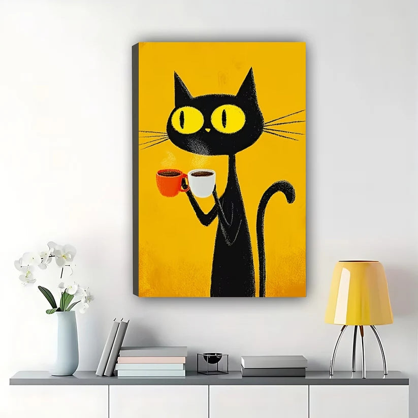 Retro Black Cat with Coffee Cup – Bold Yellow Background Wall Art on Natural Wood Canvas
