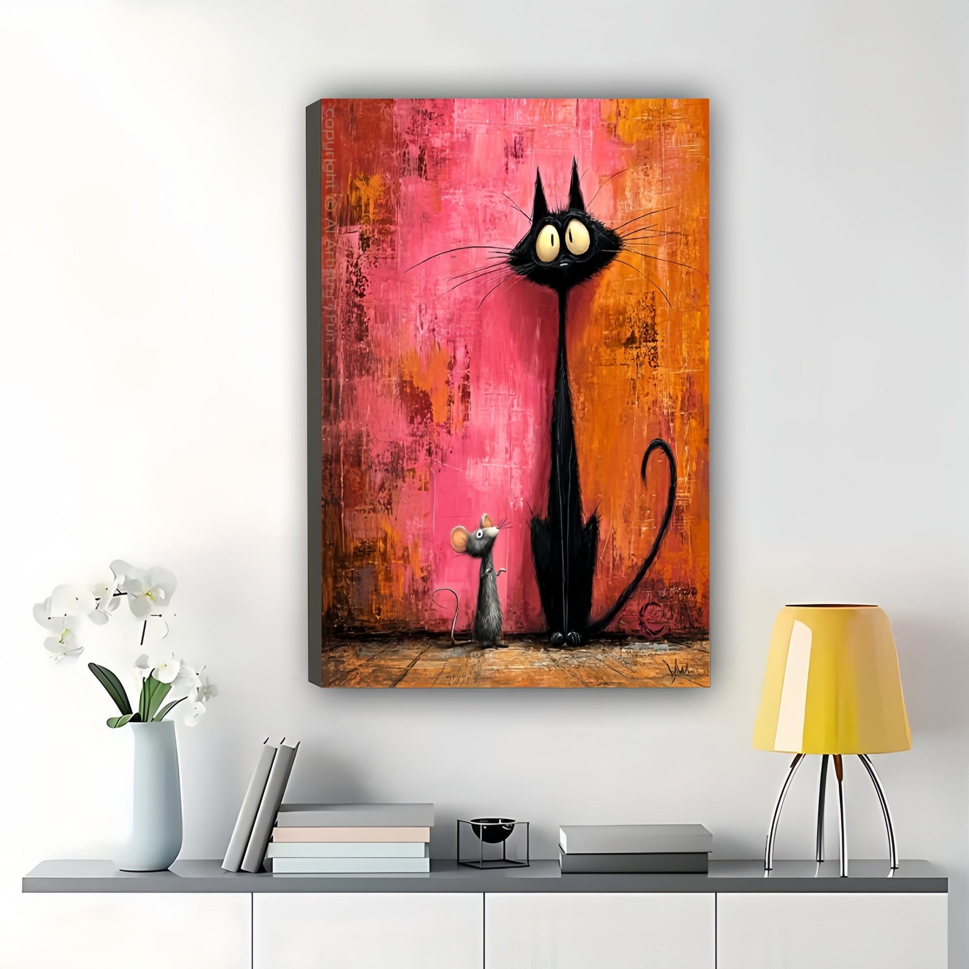Tall Black Cat & Mouse – Textured Abstract Whimsical Wall Art on Natural Wood Canvas