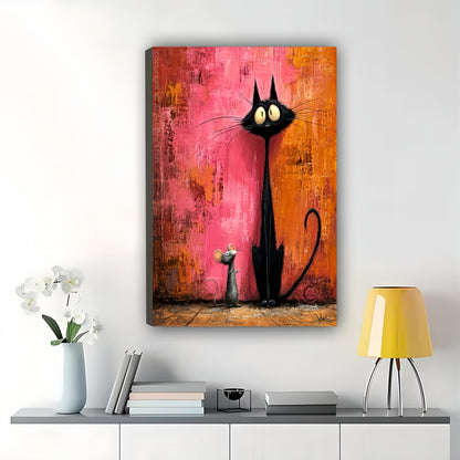 Tall Black Cat & Mouse – Textured Abstract Whimsical Wall Art on Natural Wood Canvas