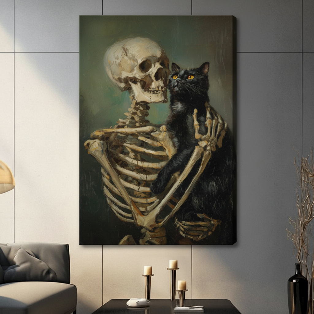 Gothic Skeleton Holding Black Cat Canvas Art Wall Art