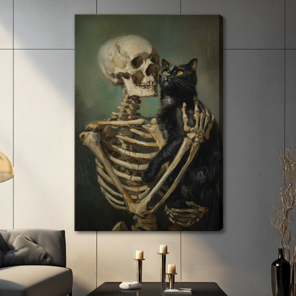 Gothic Skeleton Holding Black Cat Canvas Art Wall Art