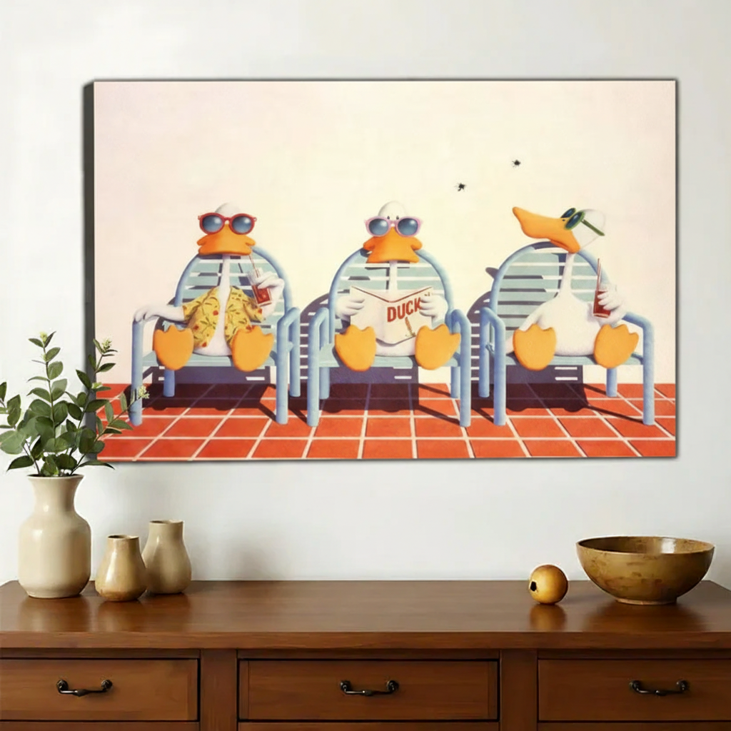 Chillin' Summer Penguins Wall Art – Retro Poolside Penguin Canvas Print on Natural Wood Frame