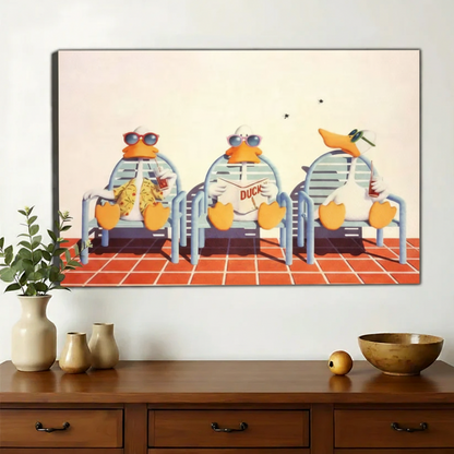 Chillin' Summer Penguins Wall Art – Retro Poolside Penguin Canvas Print on Natural Wood Frame