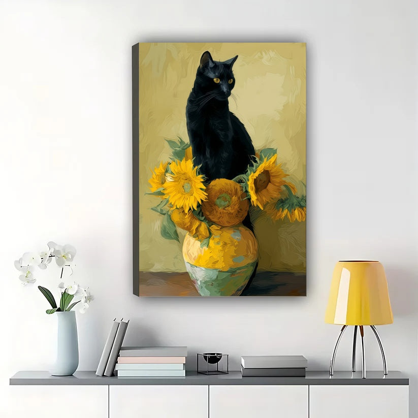 Black Cat with Sunflowers – Van Gogh Inspired Cat Still Life Wall Art on Natural Wood Canvas