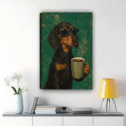 Dachshund with Coffee Mug Wall Art – Cool Vintage Dog Canvas Print on Natural Wood Frame
