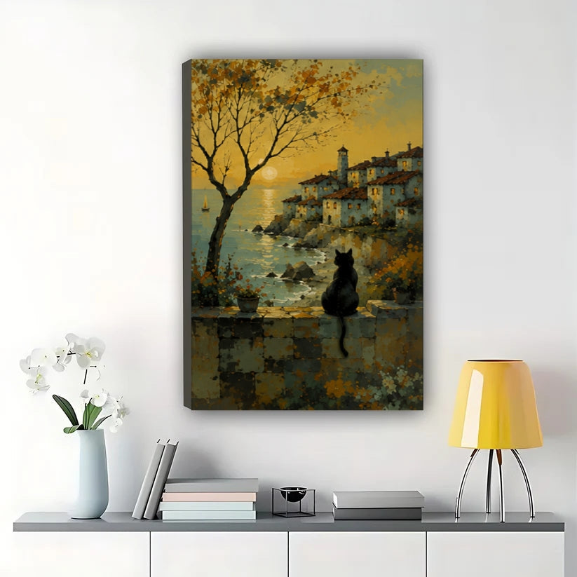 Village Sunset Black Cat Wall Art – Nostalgic Coastal Cat Canvas Print on Natural Wood Frame