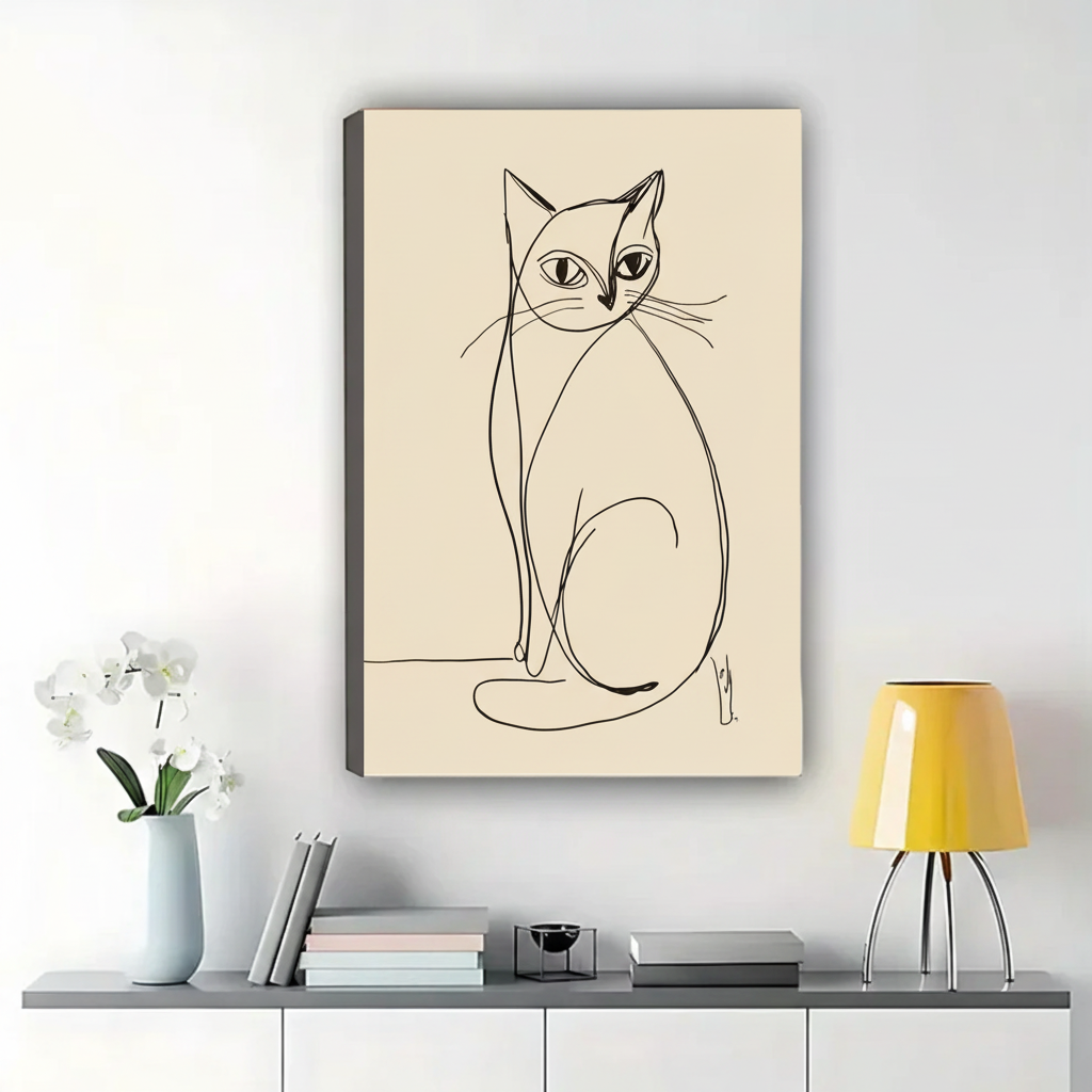 Elegant Cat Line Art Wall Art – Minimalist One-Line Cat Canvas Print on Natural Wood Frame