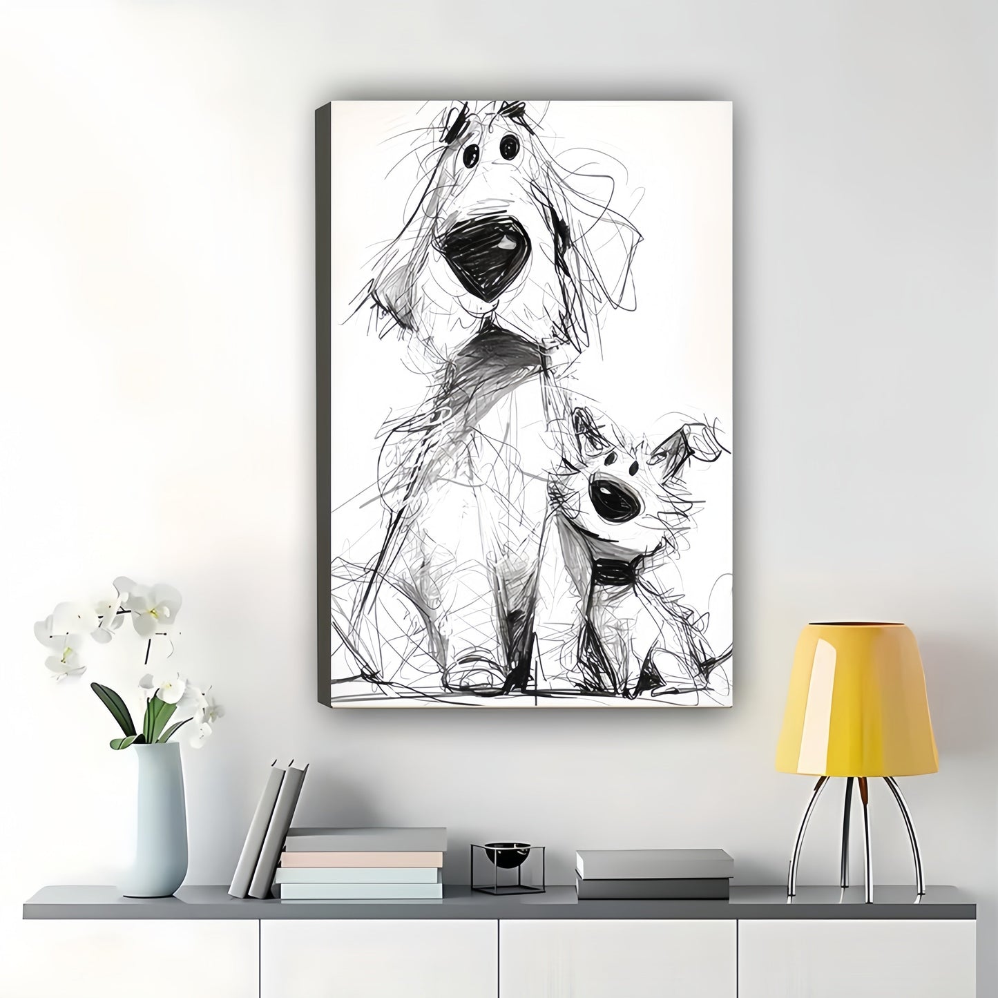 Sketch-Style Dog Parent Pup – Whimsical Pet Wall Art on Natural Wood Canvas