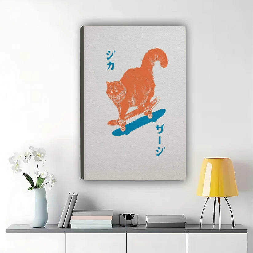 Japanese Skateboarding Cat – Retro Minimalist Cat Wall Art on Natural Wood Canvas