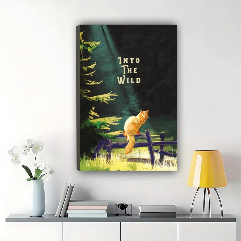 Into The Wild Orange Cat in Forest – Rustic Adventure Wall Art on Natural Wood Canvas