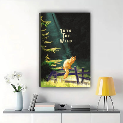 Into The Wild Orange Cat in Forest – Rustic Adventure Wall Art on Natural Wood Canvas